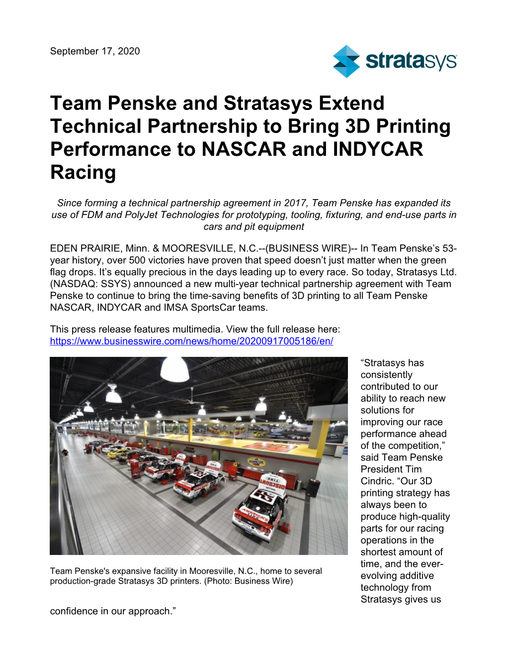 Team Penske and Stratasys Extend Technical Partnership to Bring 3D Printing Performance to NASCAR and INDYCAR Racing