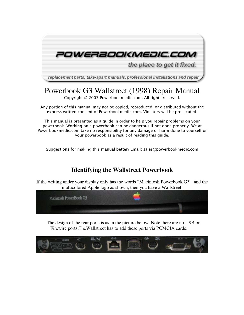 Powerbook G3 Wallstreet (1998) Repair Manual Copyright © 2003 Powerbookmedic.Com