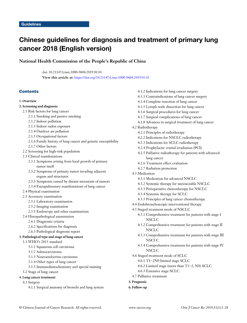 Chinese Guidelines for Diagnosis and Treatment of Primary Lung Cancer 2018 (English Version)