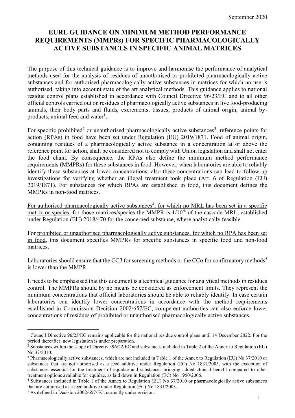 Mmprs) for SPECIFIC PHARMACOLOGICALLY ACTIVE SUBSTANCES in SPECIFIC ANIMAL MATRICES