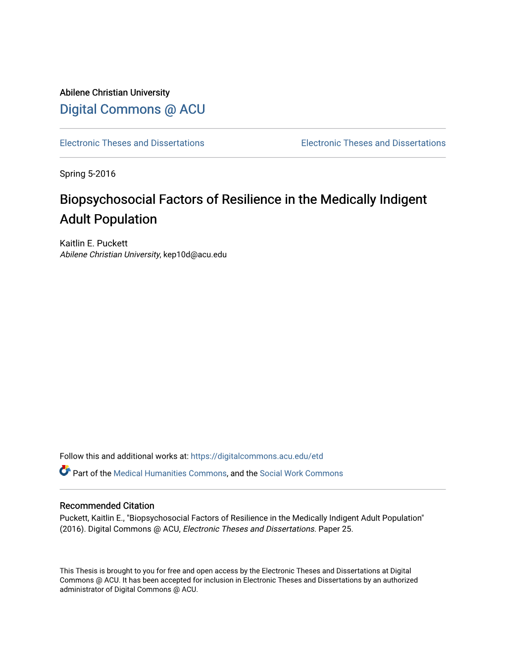 Biopsychosocial Factors of Resilience in the Medically Indigent Adult Population