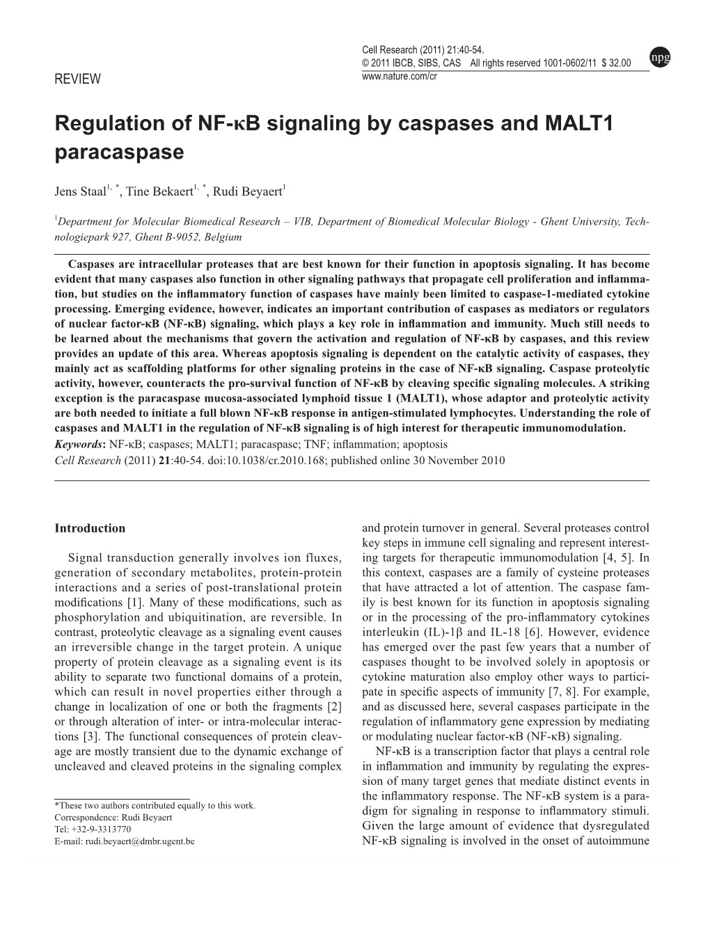 Regulation of NF-Κb Signaling by Caspases and MALT1 Paracaspase