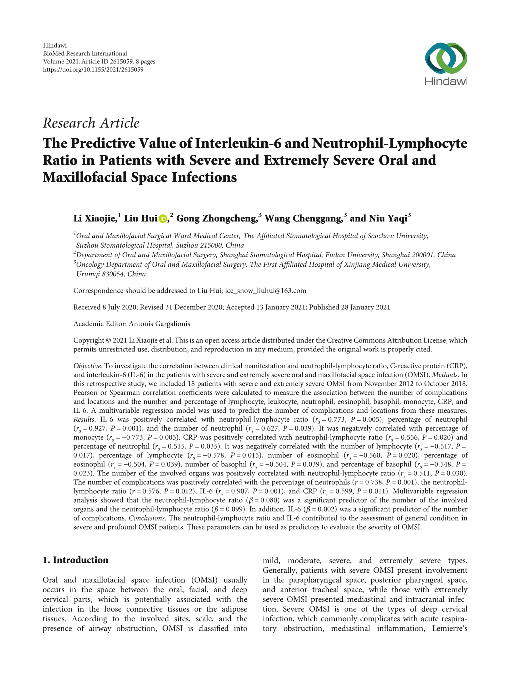 The Predictive Value of Interleukin-6 and Neutrophil-Lymphocyte Ratio in Patients with Severe and Extremely Severe Oral and Maxillofacial Space Infections