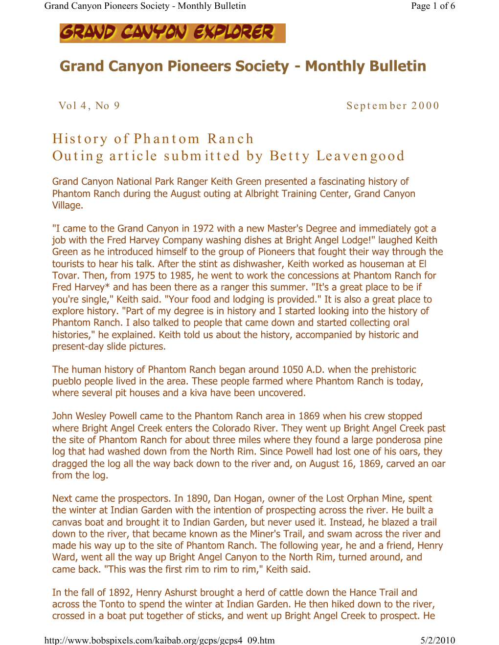 History of Phantom Ranch Outing Article Submitted by Betty Leavengood