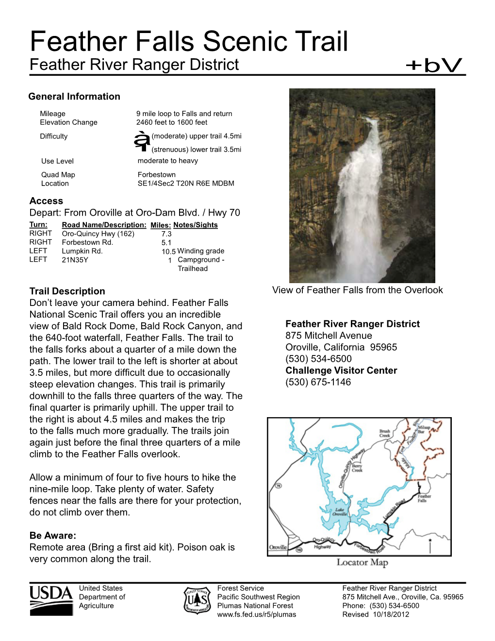Feather Falls Scenic Trail Feather River Ranger District +Bv