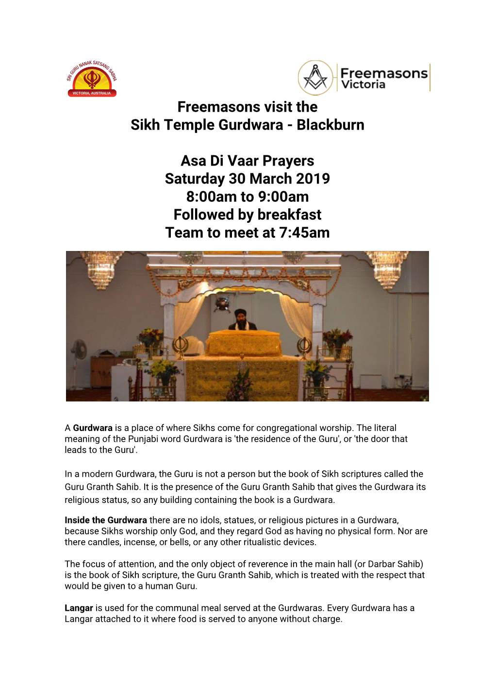 Freemasons Visit the Sikh Temple Gurdwara - Blackburn