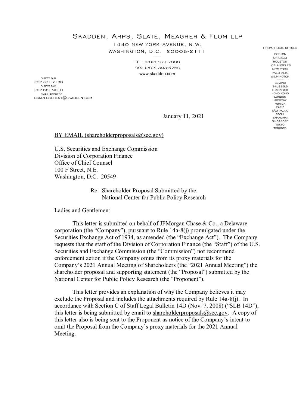 Jpmorgan Chase & Company; Rule 14A-8 No-Action Letter