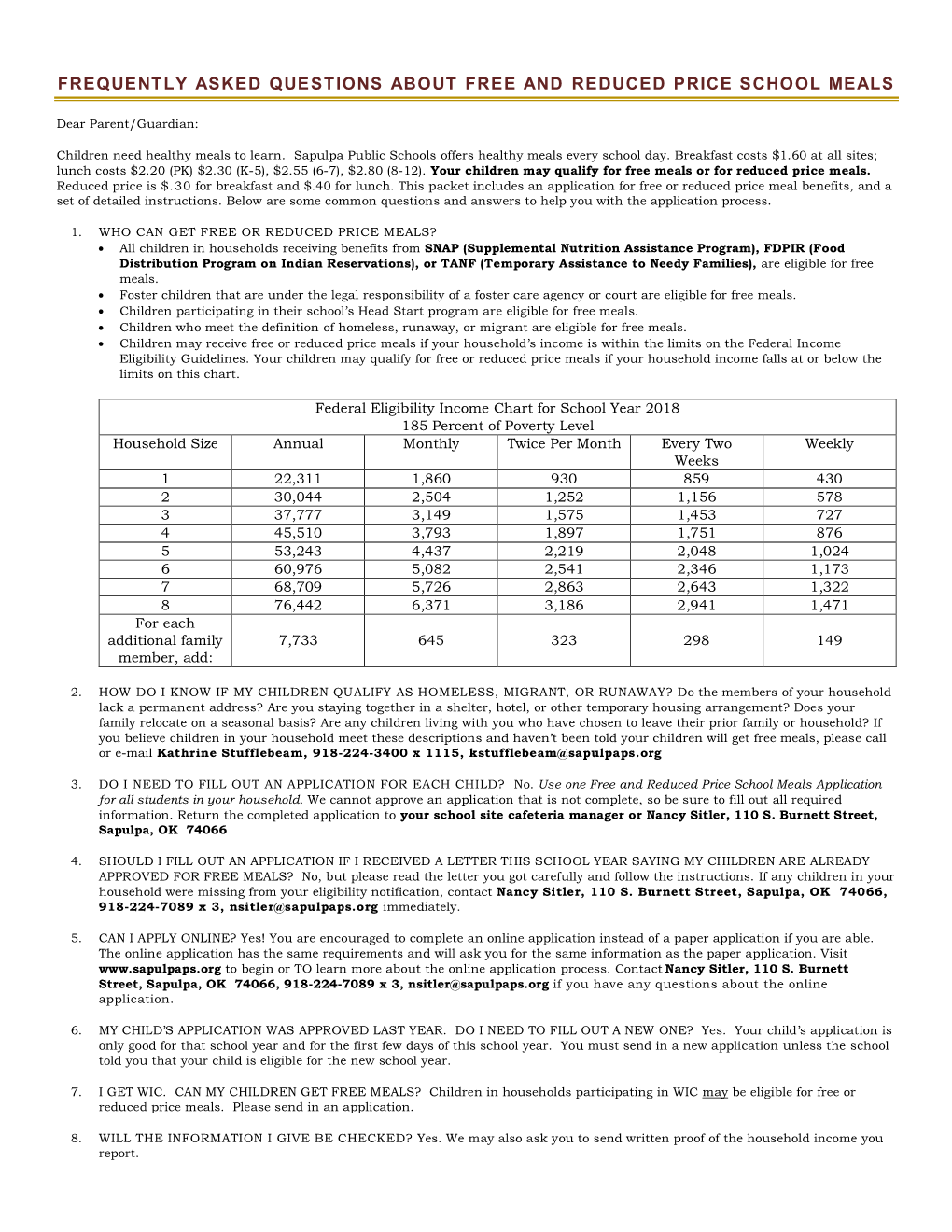 Frequently Asked Questions About Free and Reduced Price School Meals