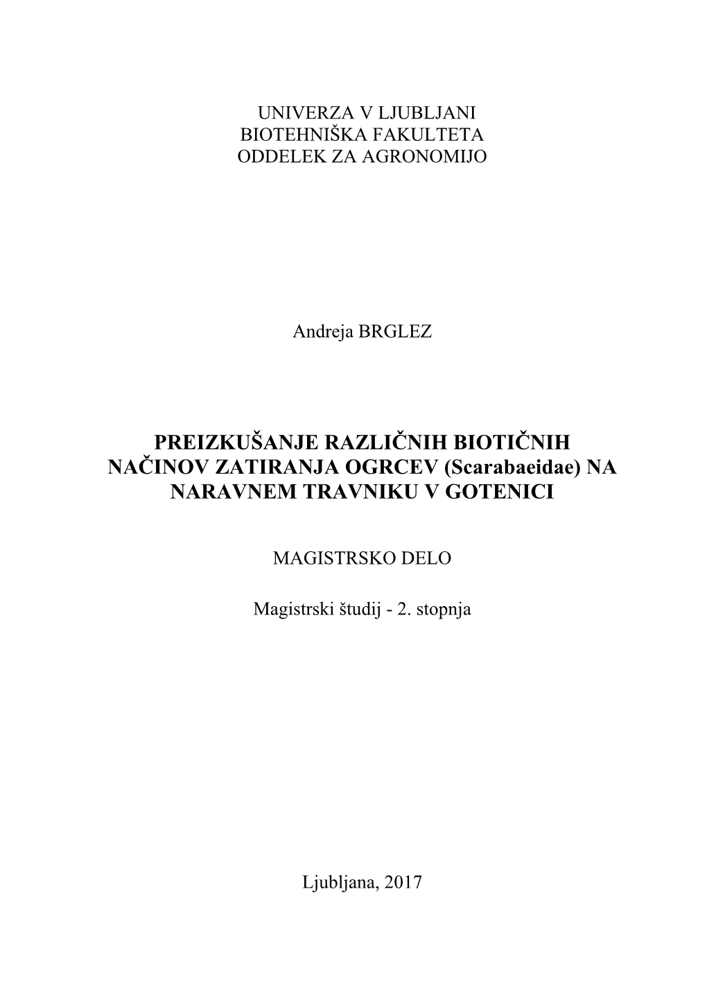 Univerza V Ljubljani Biotehniška Fakulteta Oddelek Za Agronomijo