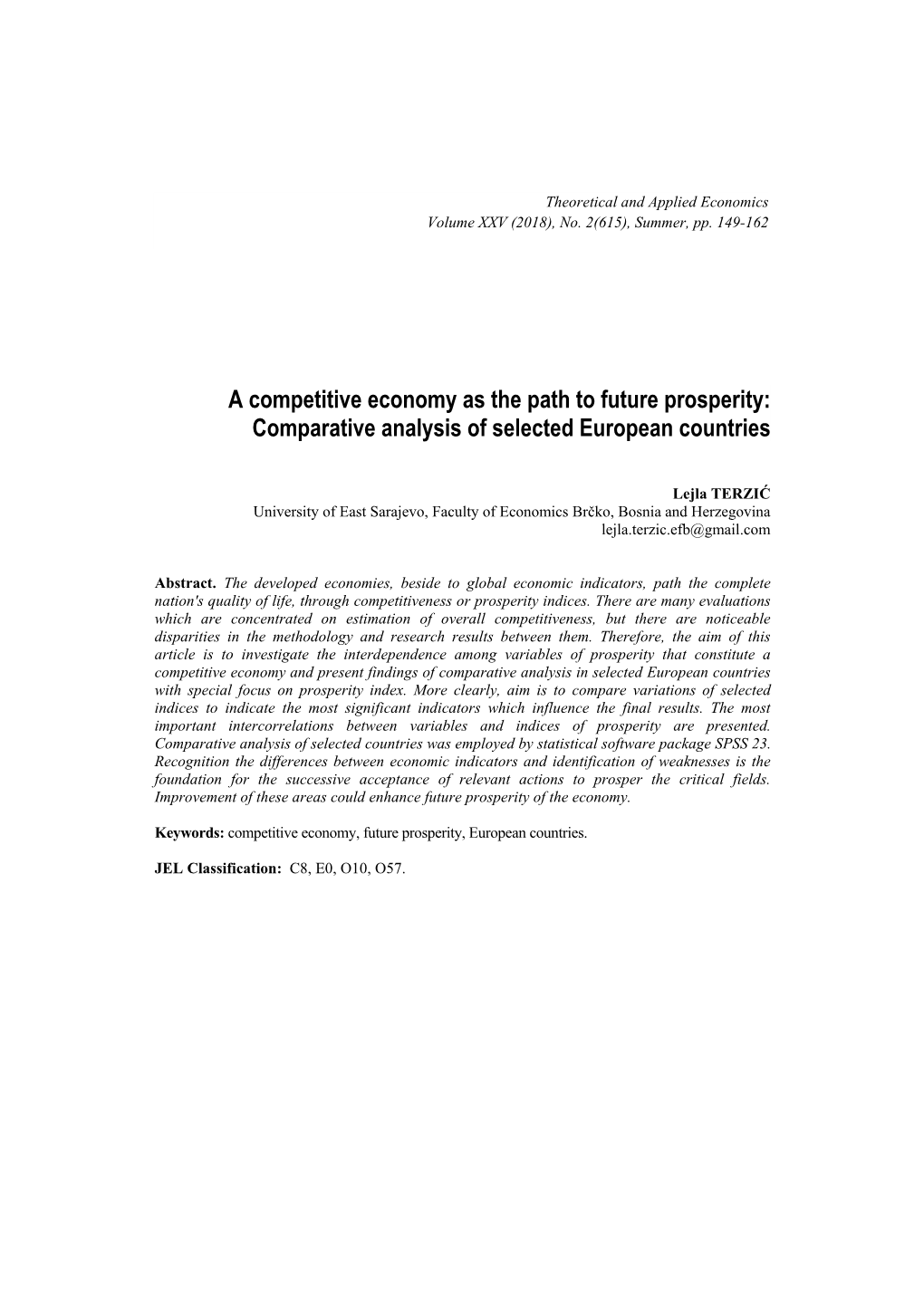 A Competitive Economy As the Path to Future Prosperity: Comparative Analysis of Selected European Countries