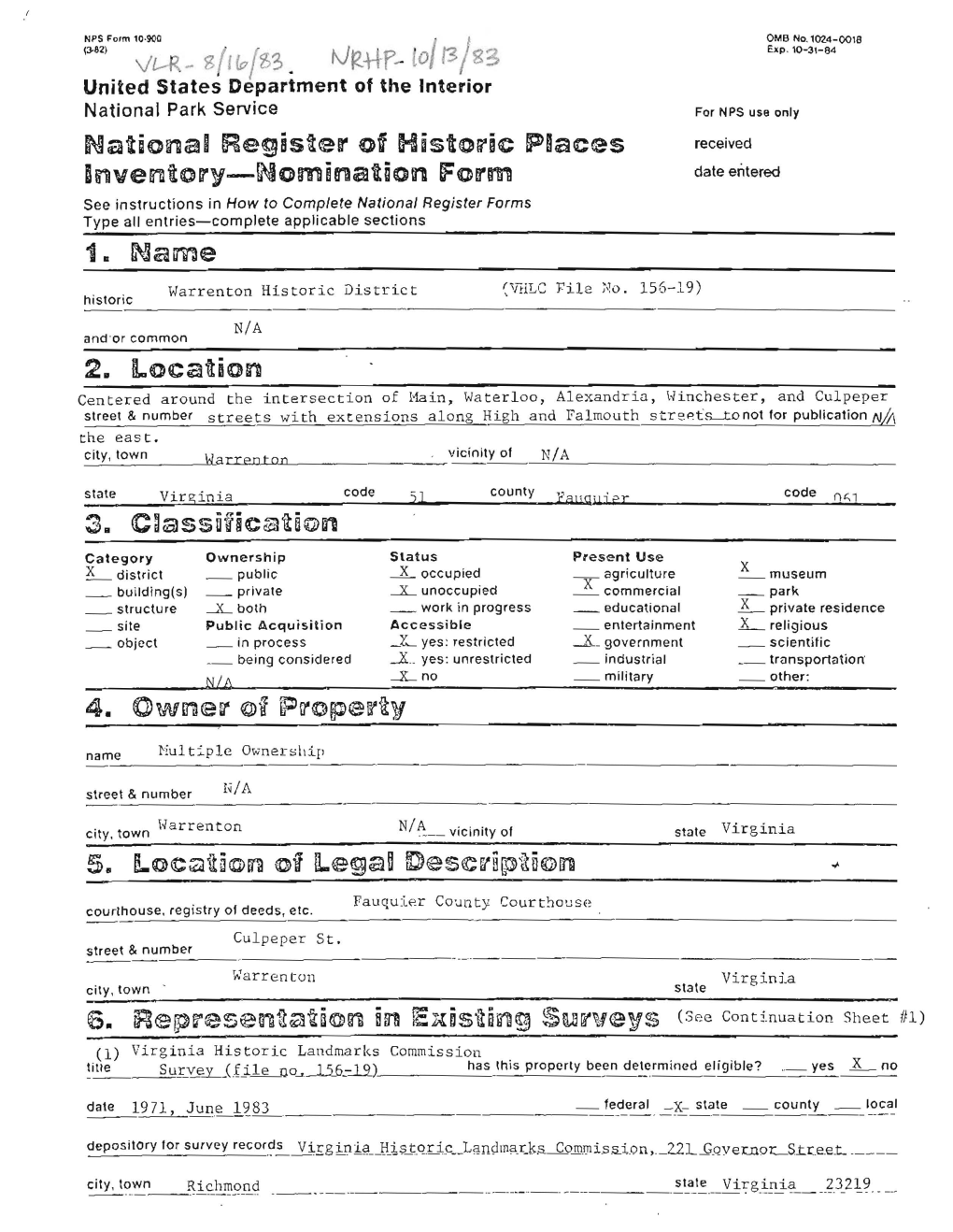 Nomination Form WARRENTON HISTORIC DISTRICT, FAUQUIER COUNTY, VA Ill Continuation Sheet Item Number 6 ' 7 Page 1 , L