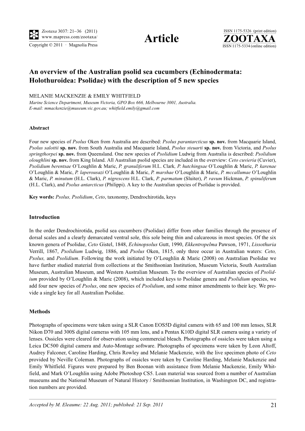 Echinodermata: Holothuroidea: Psolidae) with the Description of 5 New Species