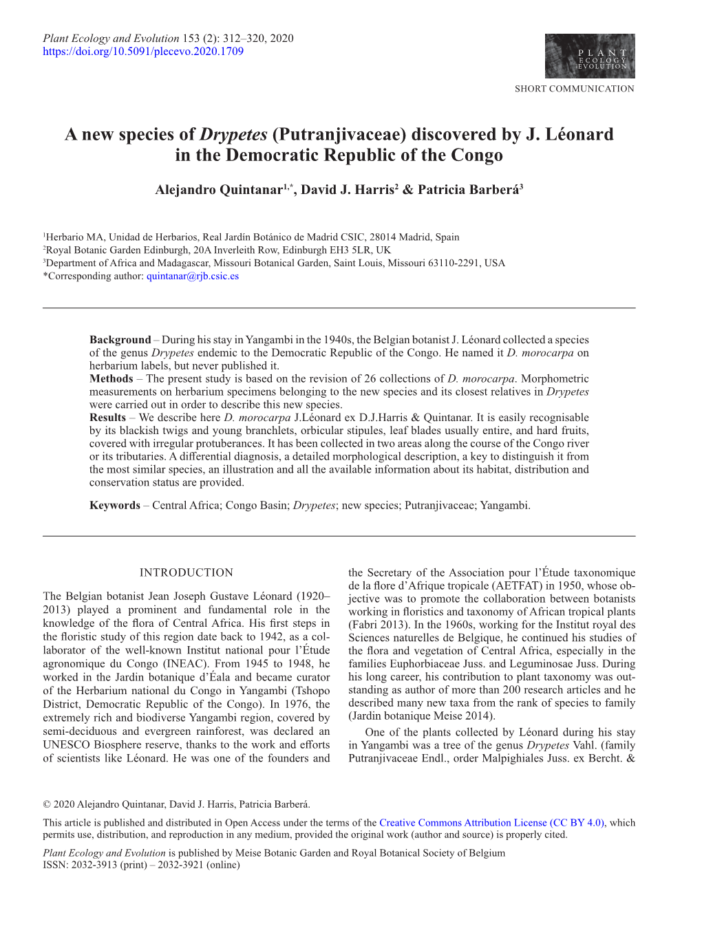 A New Species of Drypetes (Putranjivaceae) Discovered by J