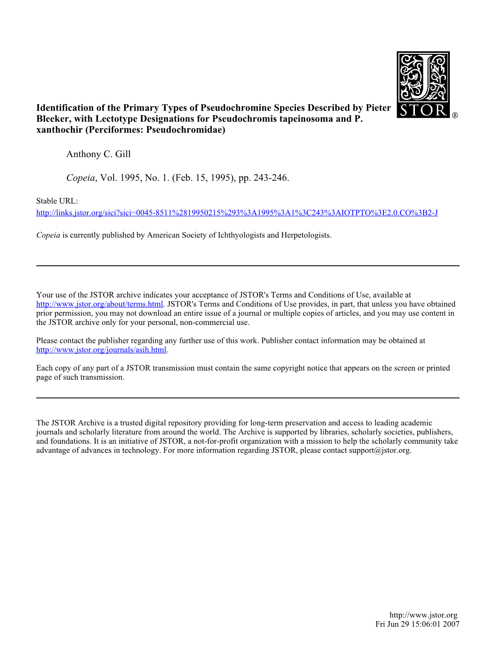 Identification of the Primary Types of Pseudochromine Species Described by Pieter Bleeker, with Lectotype Designations for Pseudochromis Tapeinosoma and P