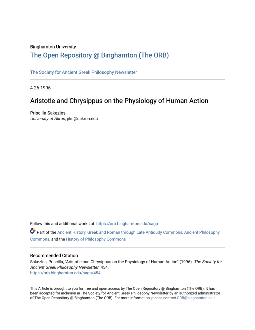 Aristotle and Chrysippus on the Physiology of Human Action