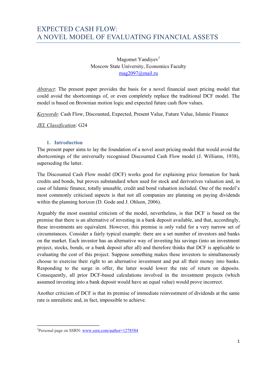 Expected Cash Flow: a Novel Model of Evaluating Financial Assets