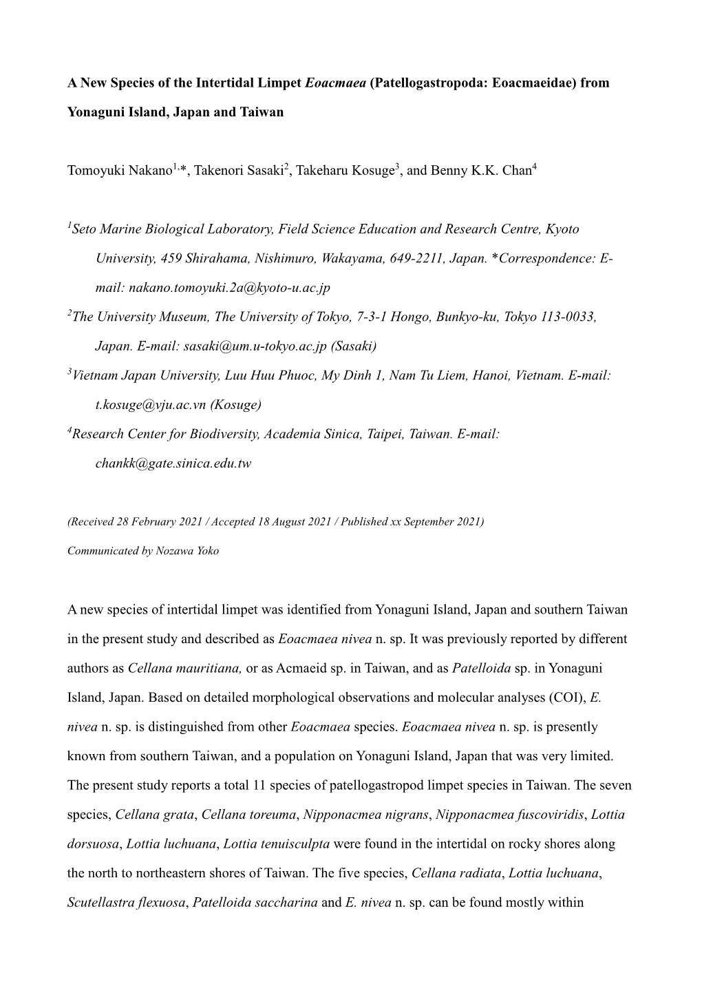 A New Species of the Intertidal Limpet Eoacmaea (Patellogastropoda: Eoacmaeidae) From