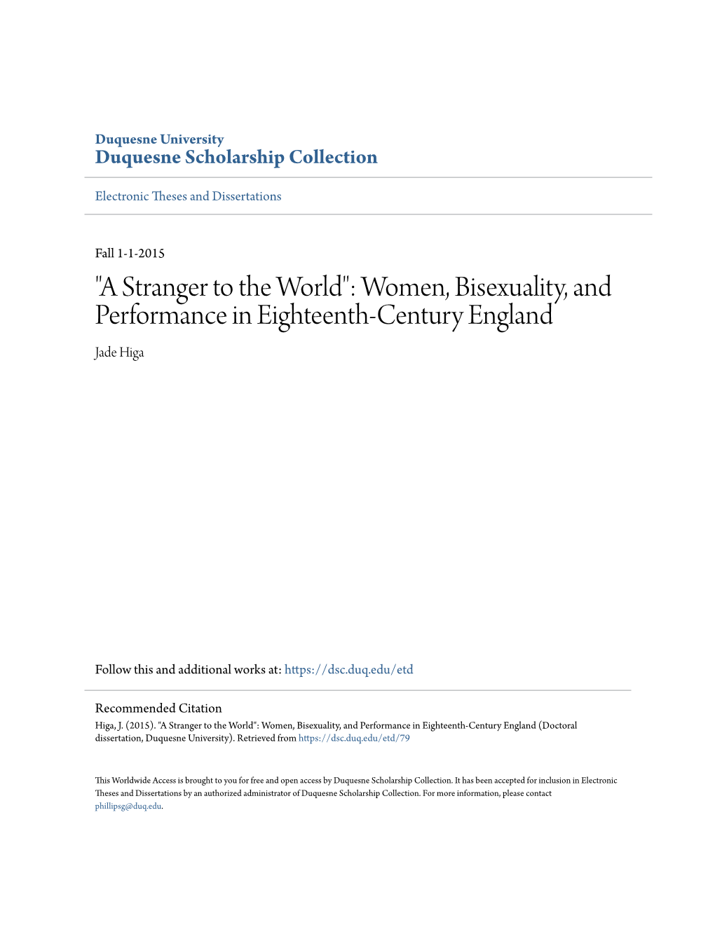 Women, Bisexuality, and Performance in Eighteenth-Century England Jade Higa