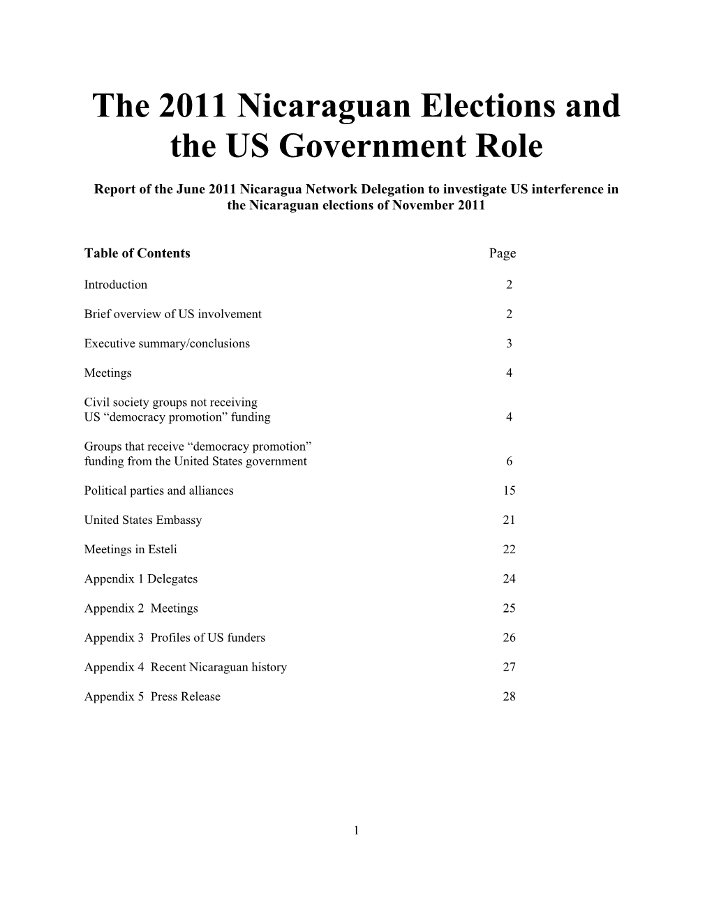 The 2011 Nicaraguan Elections and the US Government Role