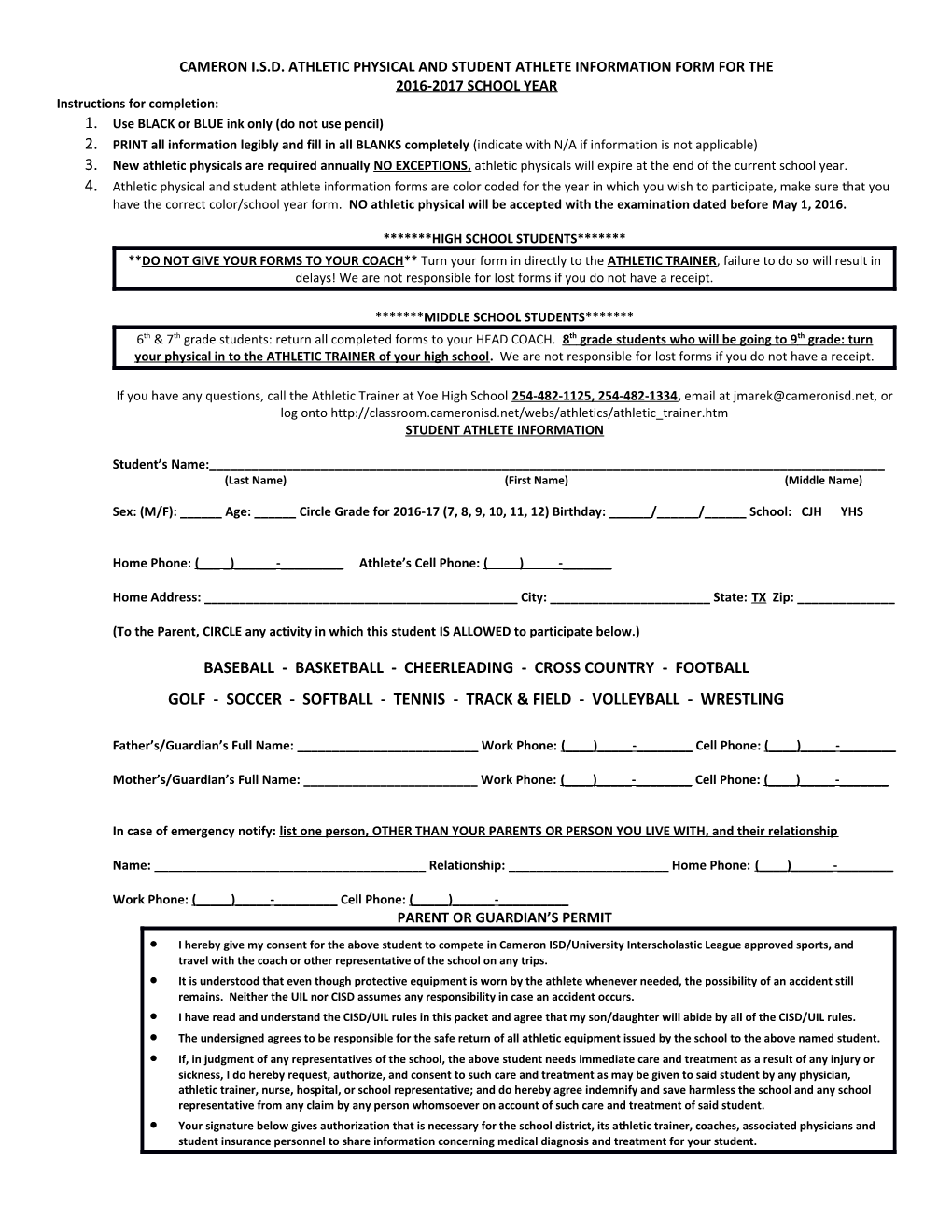 Cameron I.S.D. Athletic Physical and Student Athlete Information Form for The