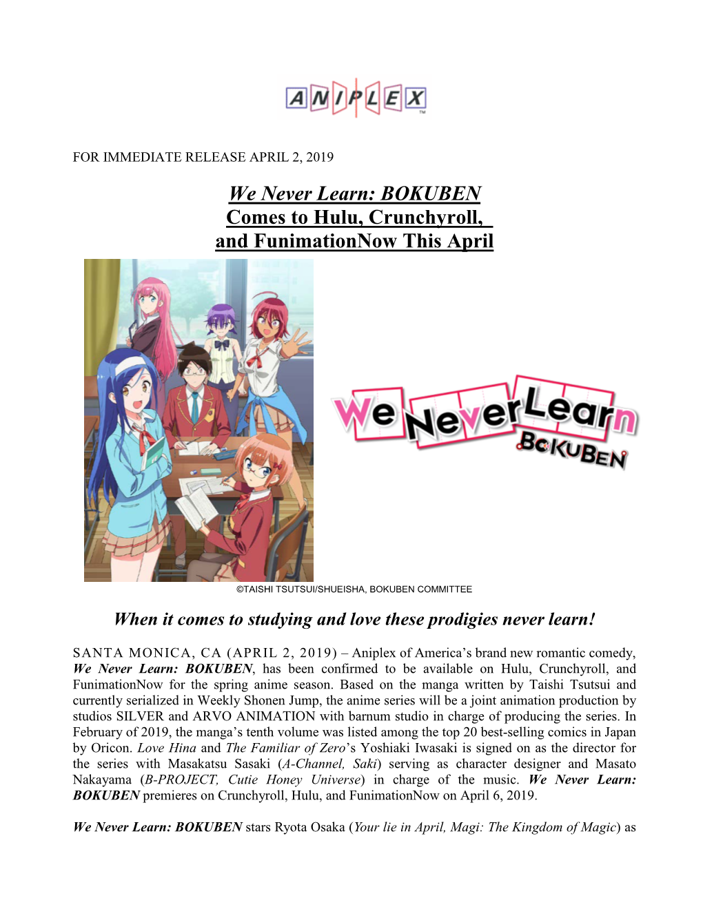 We Never Learn: BOKUBEN Comes to Hulu, Crunchyroll, and Funimationnow This April