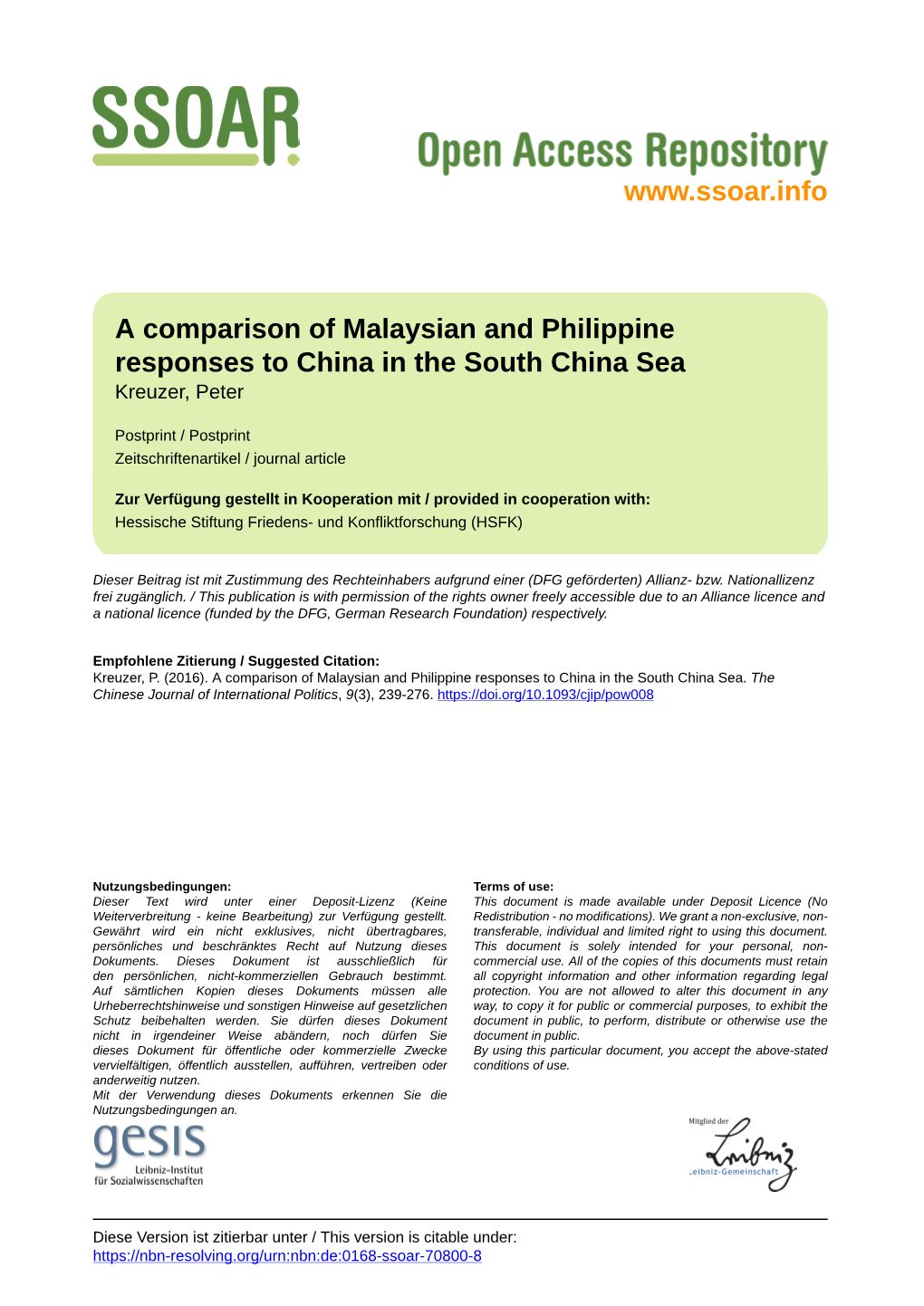 A Comparison of Malaysian and Philippine Responses to China in the South China Sea Kreuzer, Peter