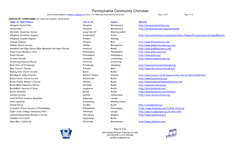 Pennsylvania Community Choruses Send Corrections/Additions to Paulkfox.Usc@Gmail.Com (Paul K