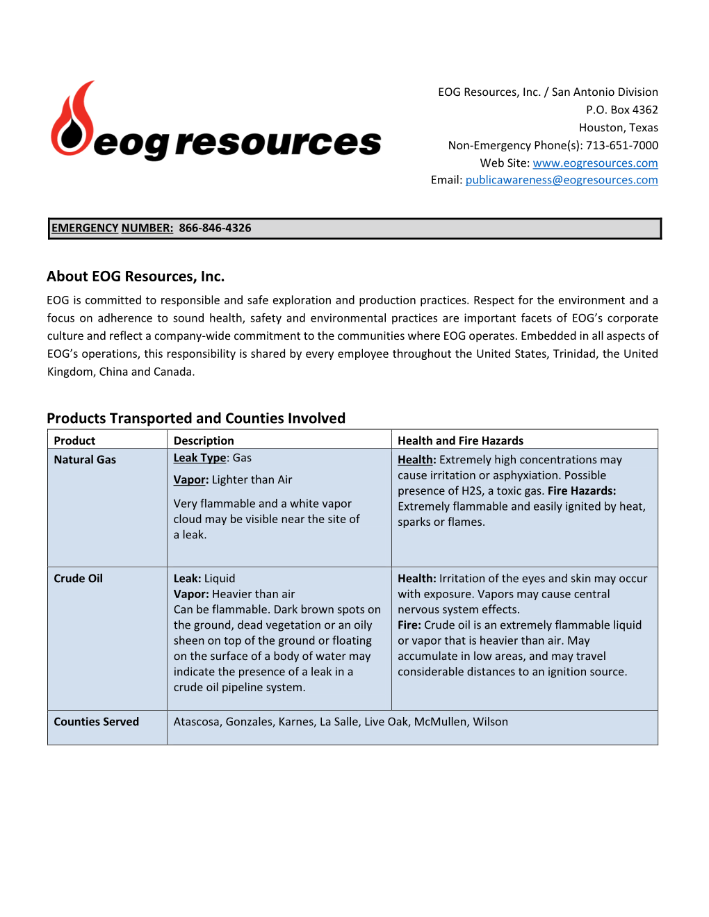 About EOG Resources, Inc. Products Transported and Counties Involved