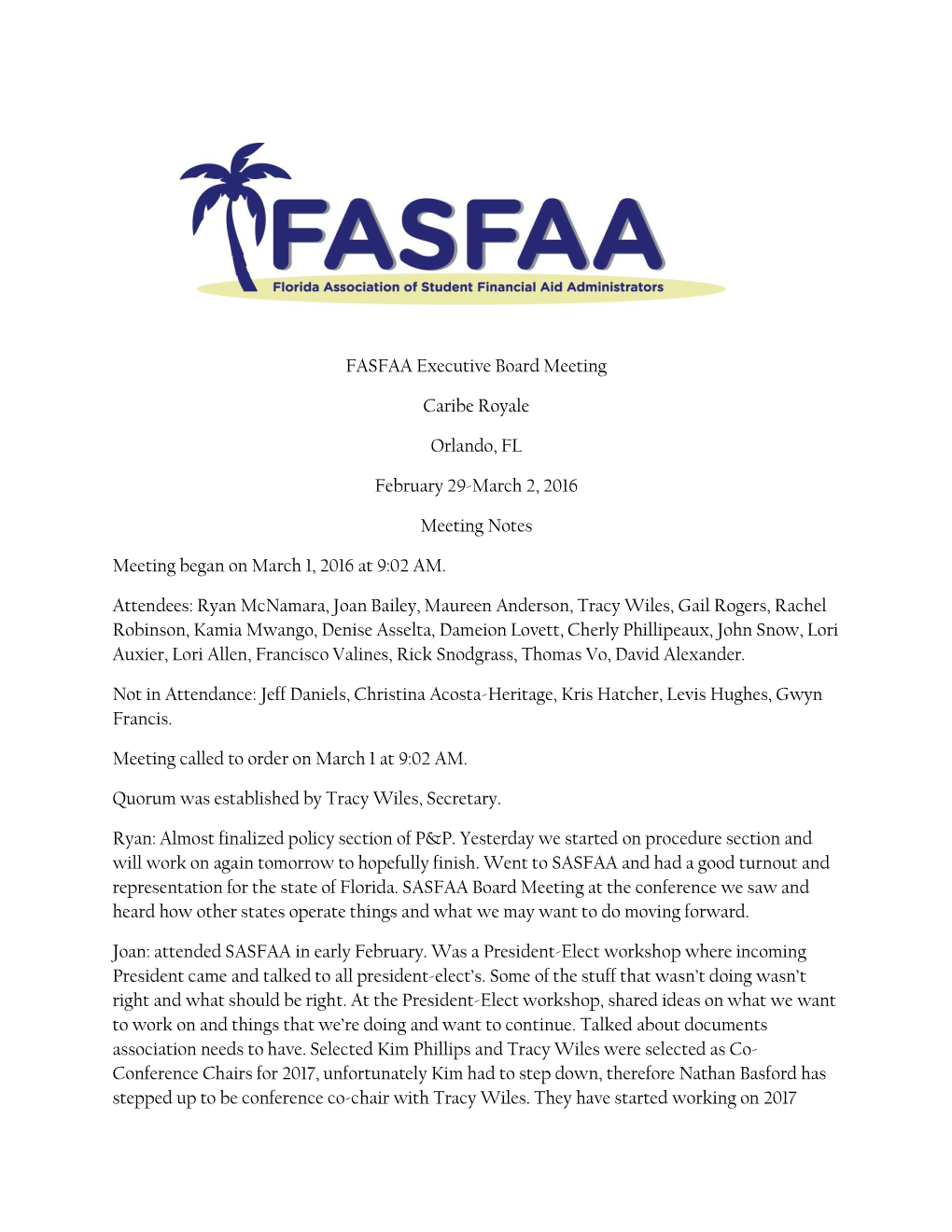 FASFAA Executive Board Meeting Caribe Royale Orlando, FL