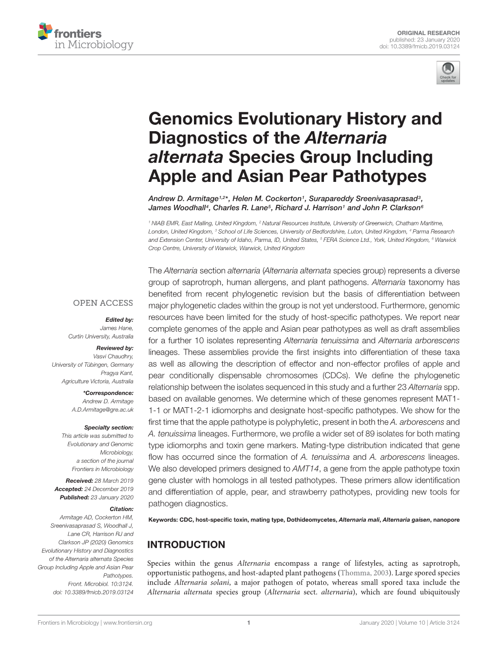 Genomics Evolutionary History and Diagnostics of the Alternaria Alternata Species Group Including Apple and Asian Pear Pathotypes