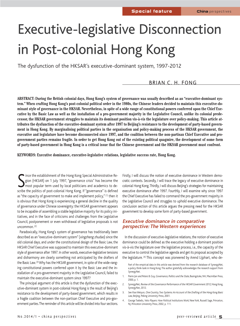 Executive-Legislative Disconnection in Post-Colonial Hong Kong
