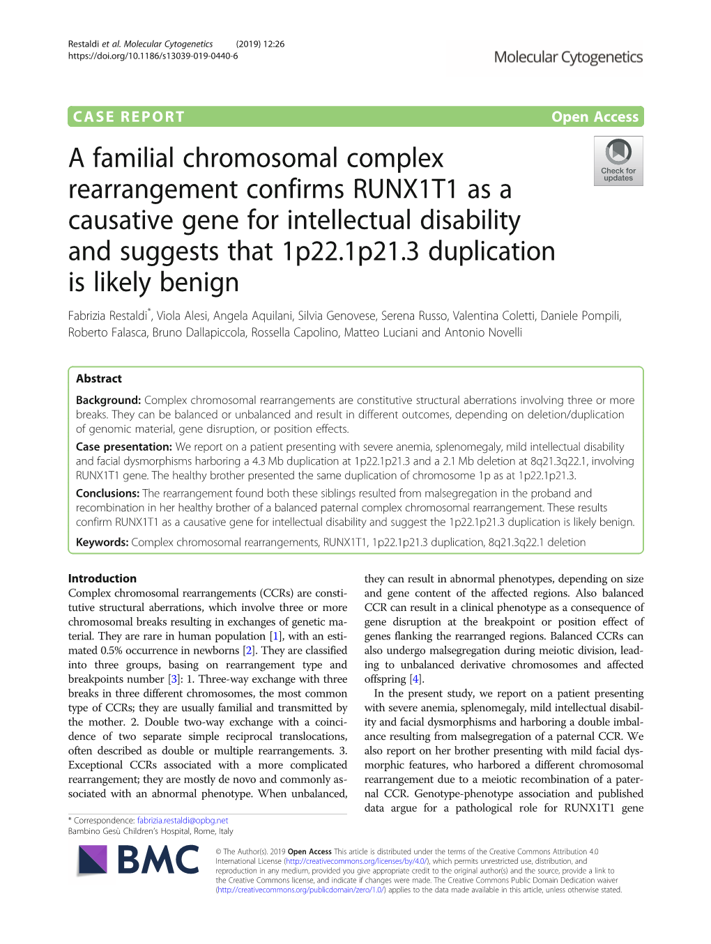 A Familial Chromosomal Complex Rearrangement Confirms RUNX1T1