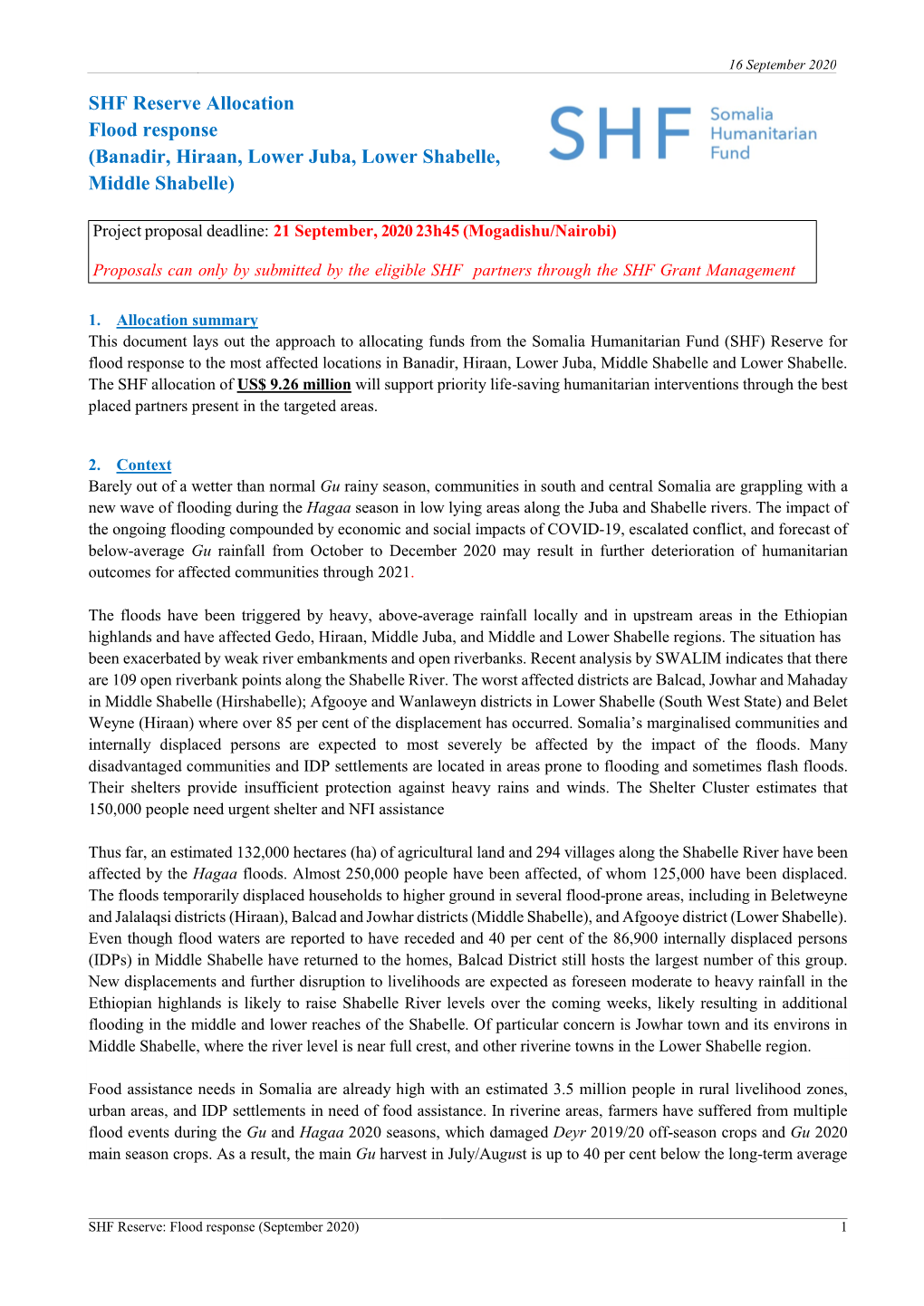 SHF Reserve Allocation Flood Response (Banadir, Hiraan, Lower Juba, Lower Shabelle, Middle Shabelle)