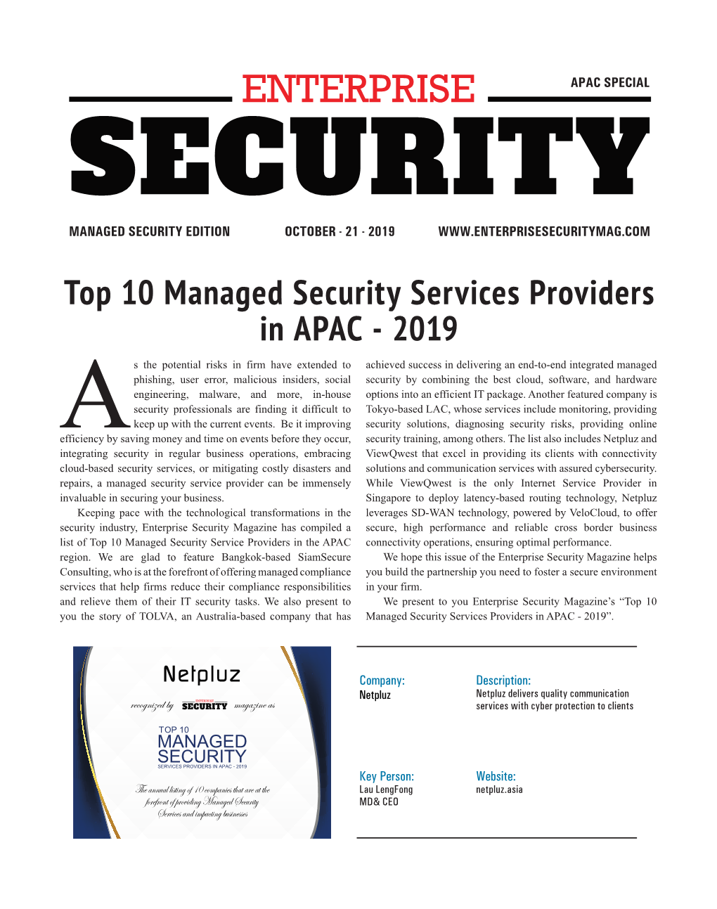 Top 10 Managed Security Services Providers in APAC