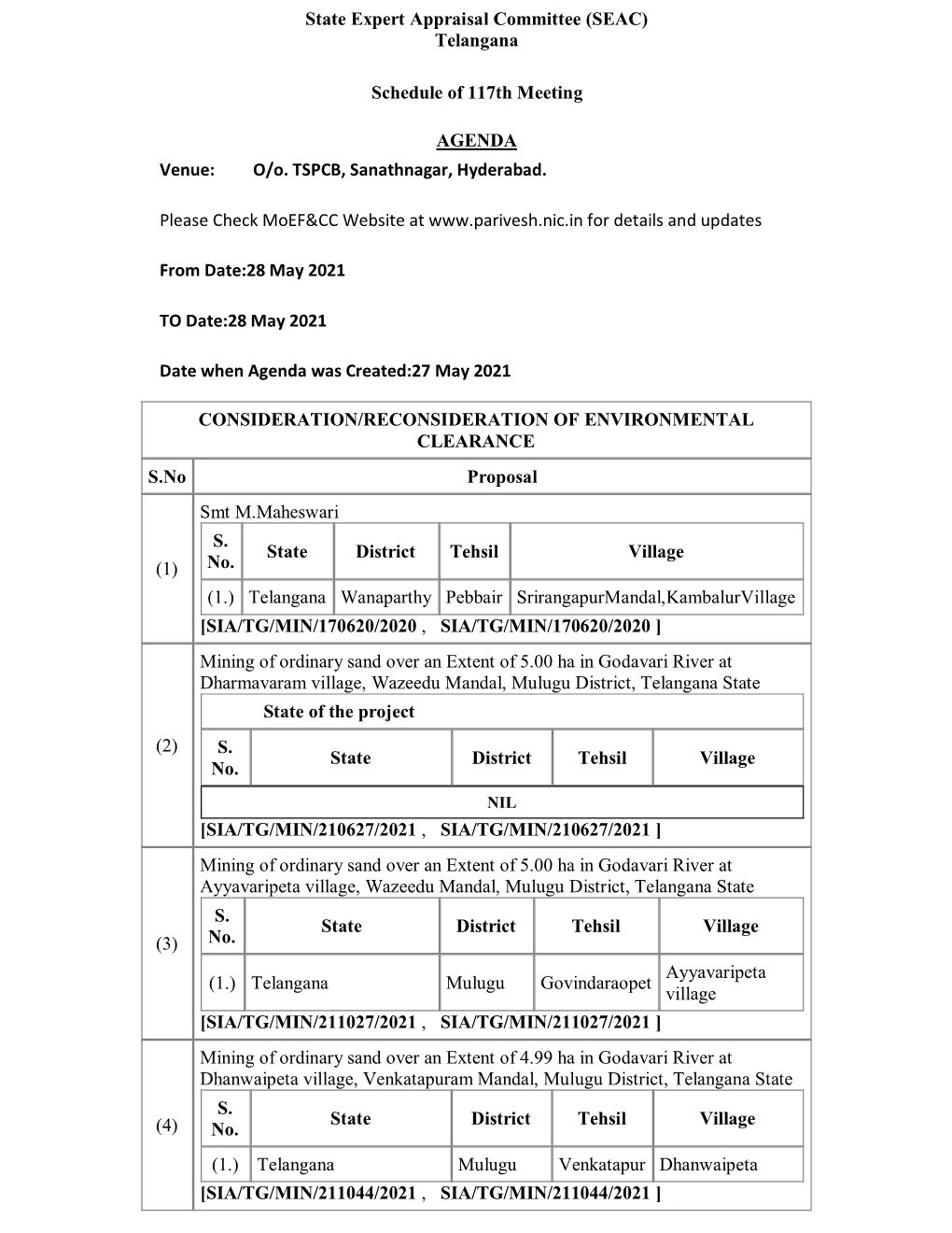 State Expert Appraisal Committee (SEAC) Telangana Schedule Of