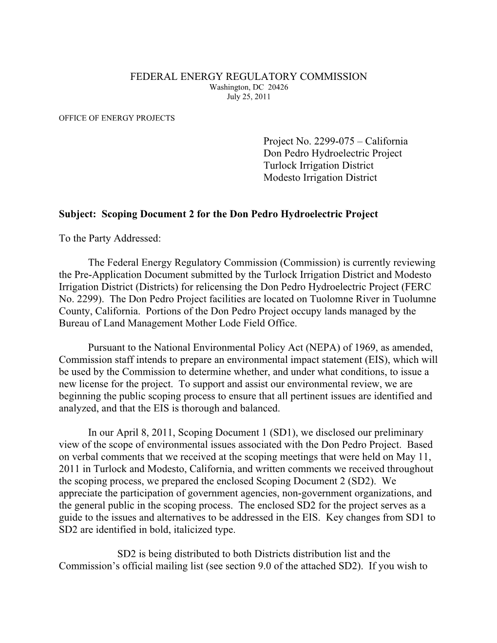 Scoping Document 2 Issued by FERC July 25 2011