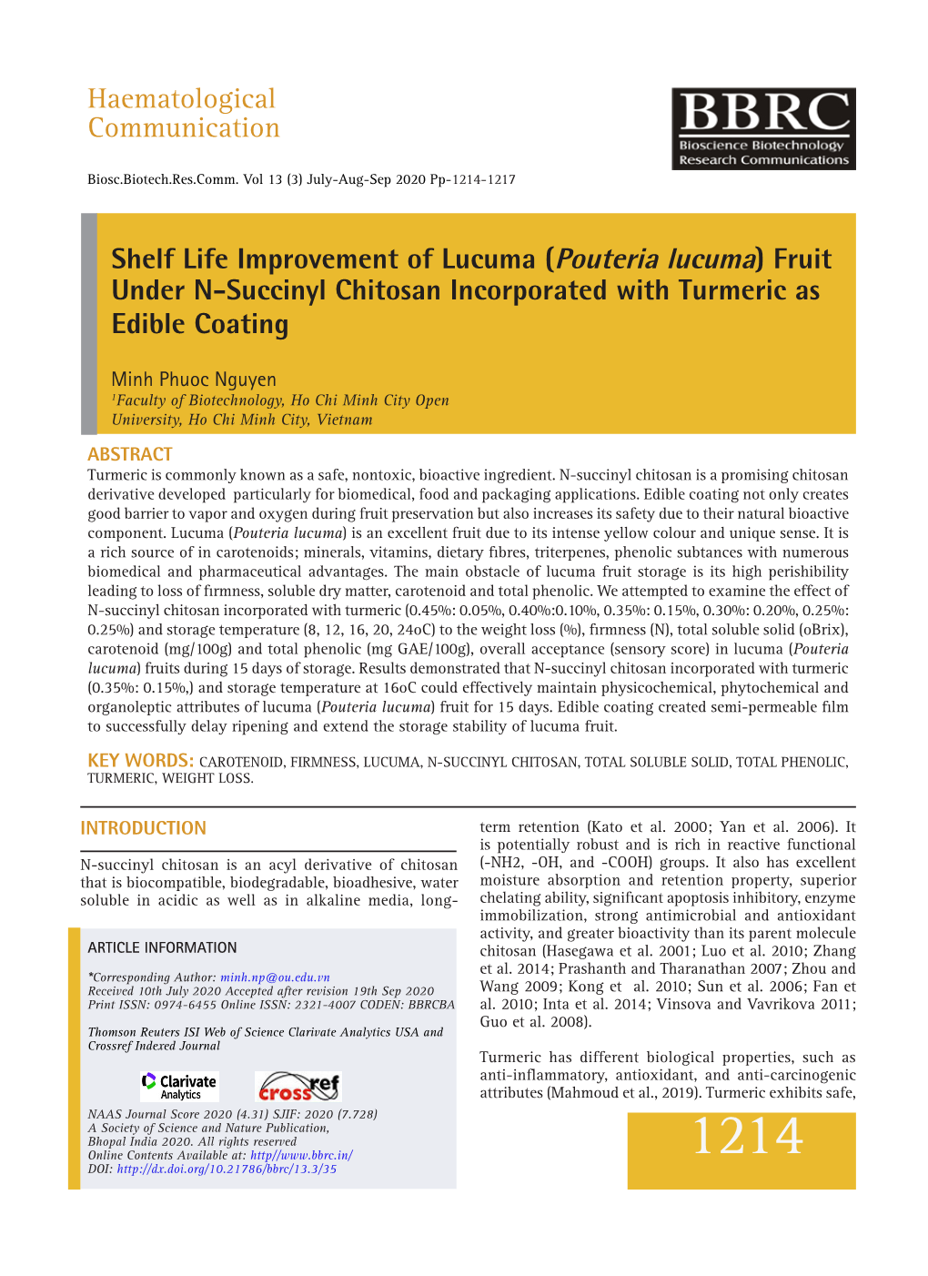 Pouteria Lucuma) Fruit Under N-Succinyl Chitosan Incorporated with Turmeric As Edible Coating