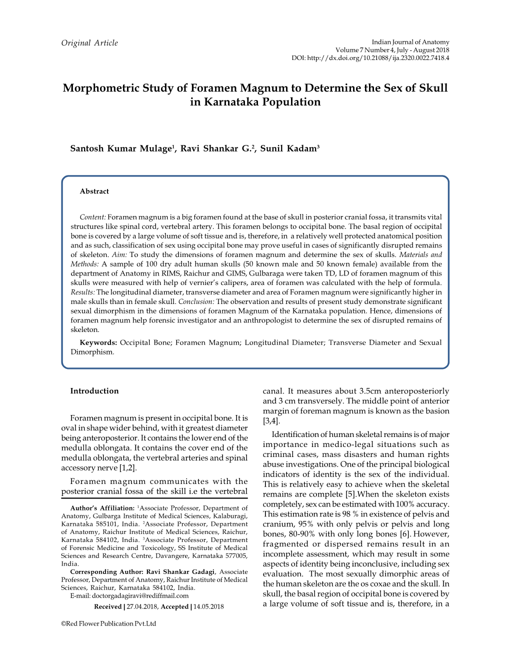 Morphometric Study of Foramen Magnum to Determine the Sex of Skull in Karnataka Population