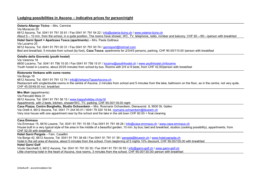 Lodging Possibilities in Ascona