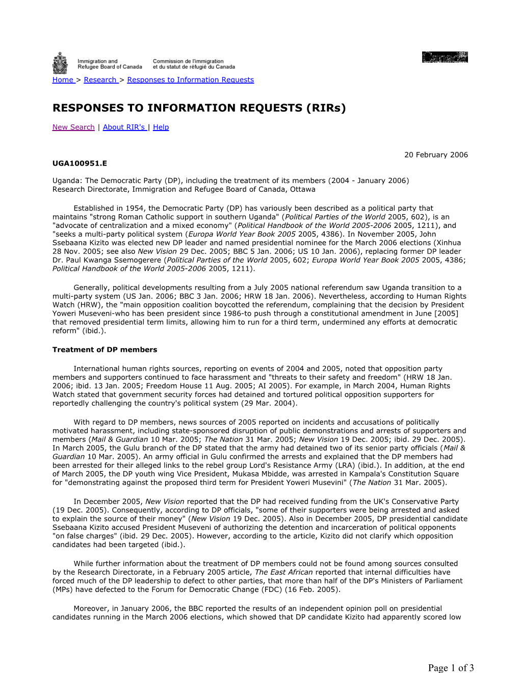 Uganda: the Democratic Party (DP), Including the Treatment of Its Members (2004 - January 2006) Research Directorate, Immigration and Refugee Board of Canada, Ottawa