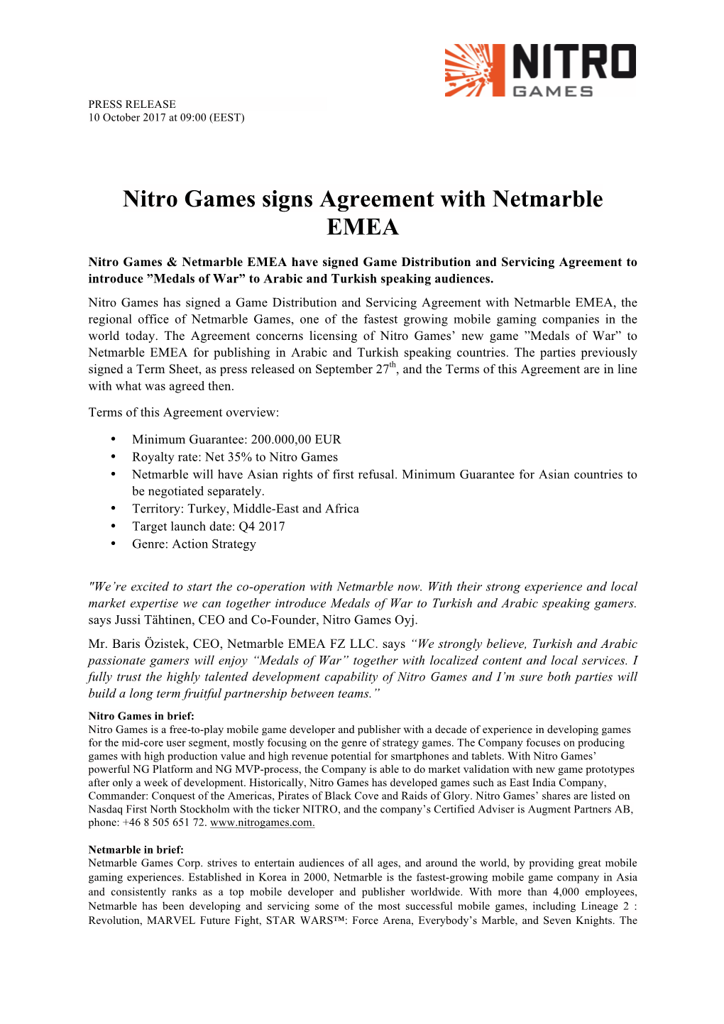 Nitro Games Signs Agreement with Netmarble EMEA