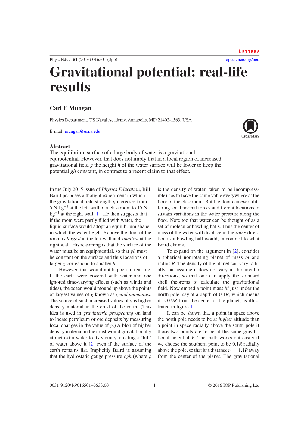 Gravitational Potential: Real-Life Results Abstract the Equilibrium Surface of a Large Body of Water Is a Gravitational Printed in the UK Equipotential