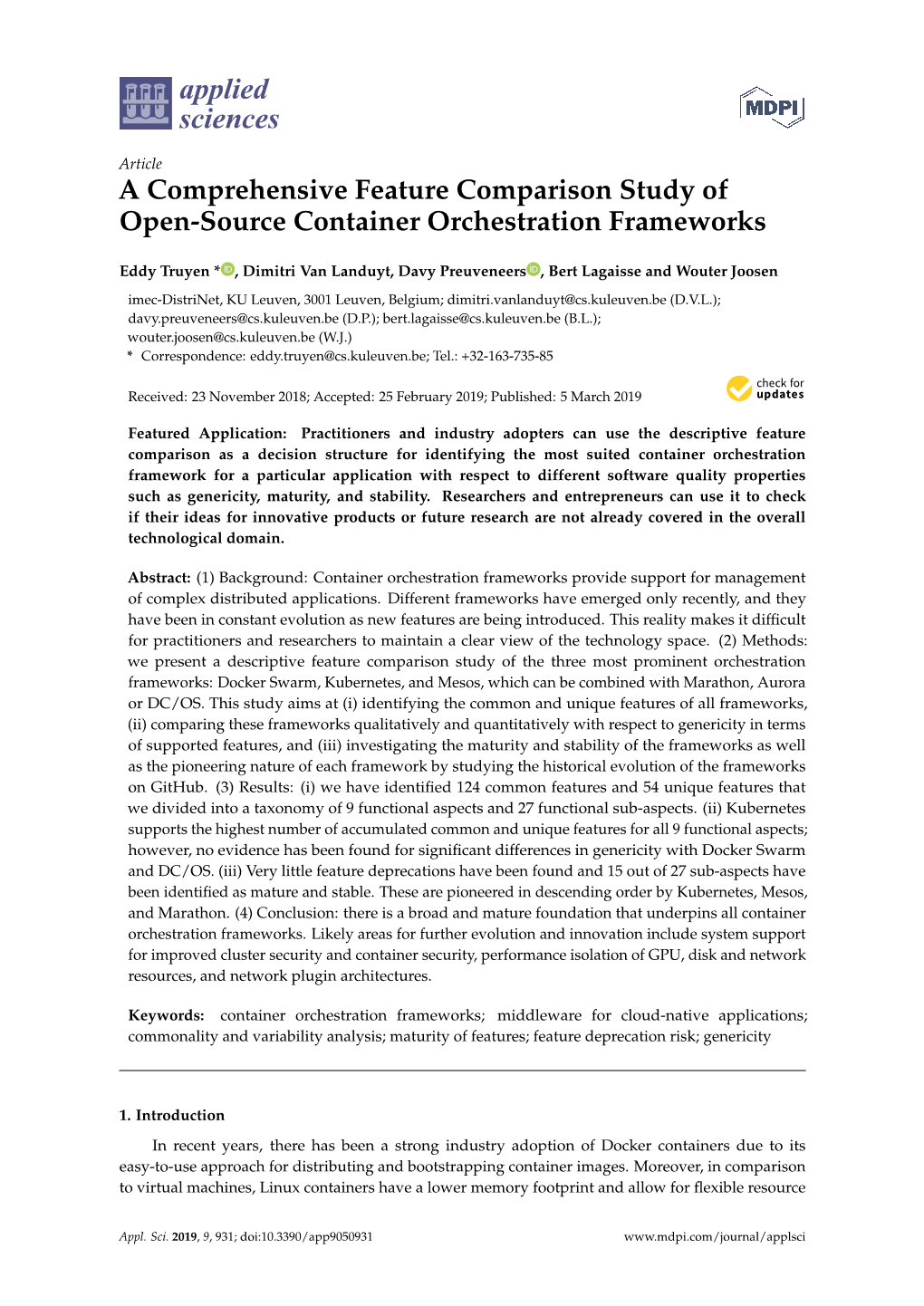 A Comprehensive Feature Comparison Study of Open-Source Container Orchestration Frameworks
