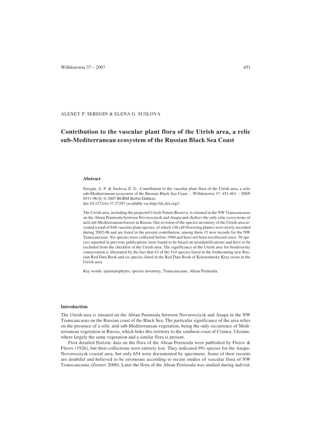 Contribution to the Vascular Plant Flora of the Utrish Area, a Relic Sub-Mediterranean Ecosystem of the Russian Black Sea Coast