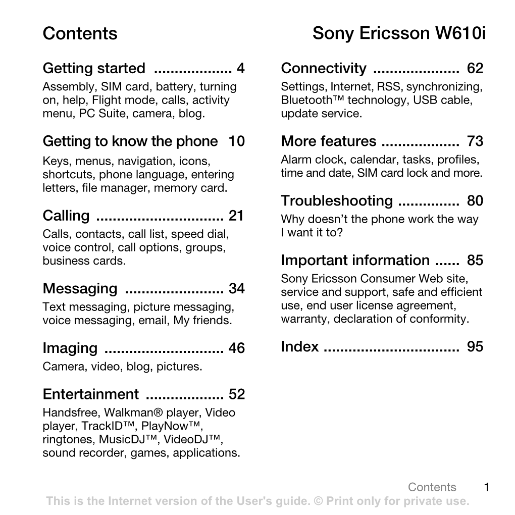 Contents Sony Ericsson W610i