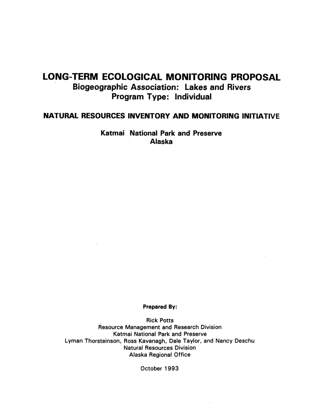 Long-Term Ecological Monitoring Proposal, Katmai National Park And