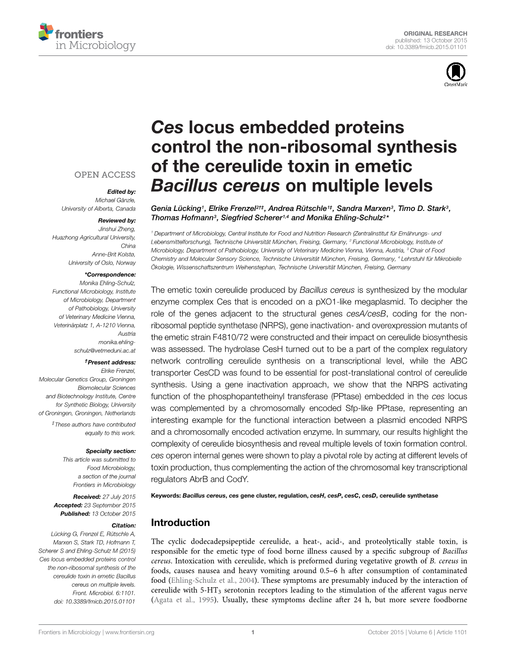 Ces Locus Embedded Proteins Control the Non-Ribosomal Synthesis of the Cereulide Toxin in Emetic