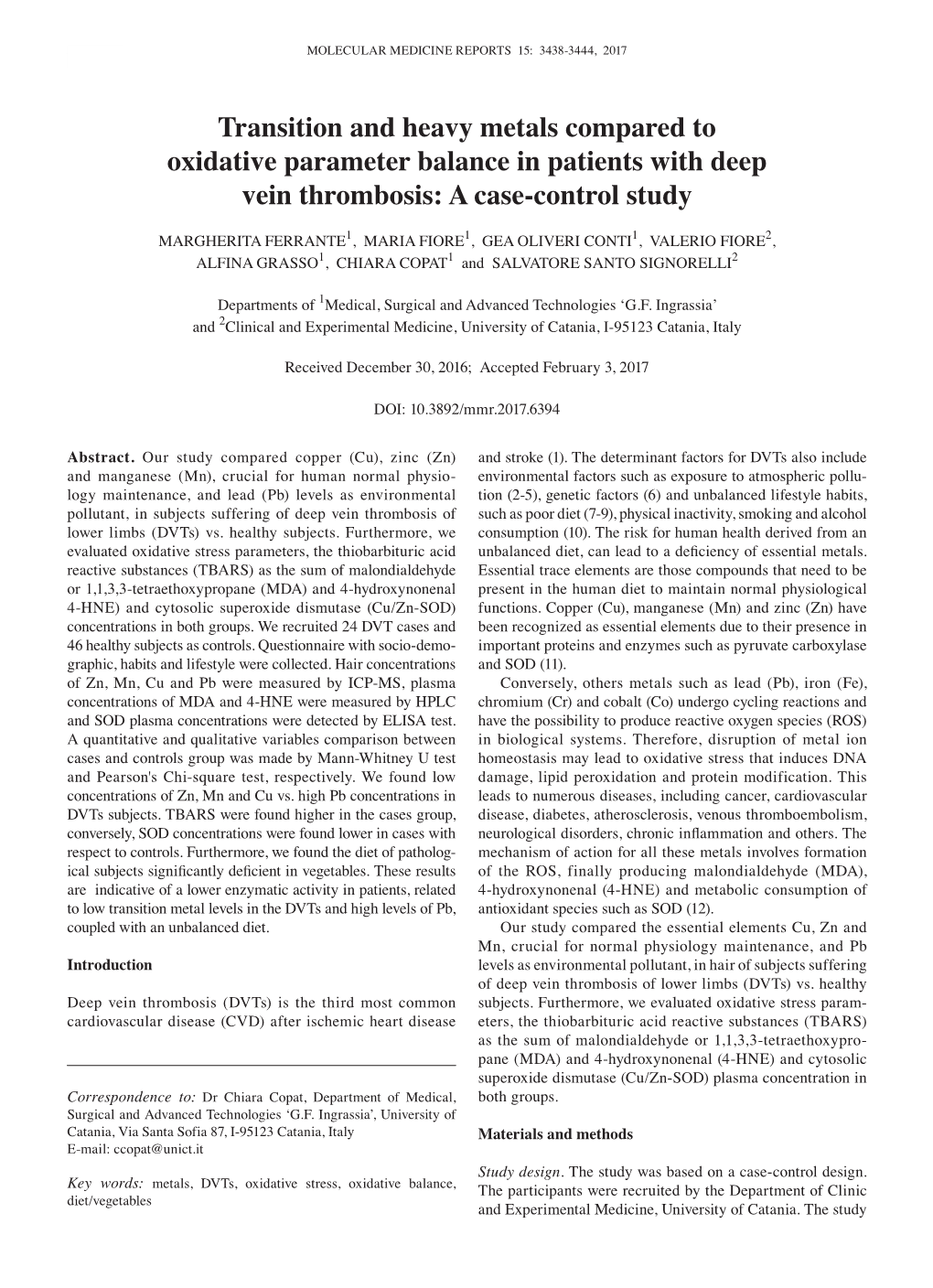 Transition and Heavy Metals Compared to Oxidative Parameter Balance in Patients with Deep Vein Thrombosis: a Case-Control Study