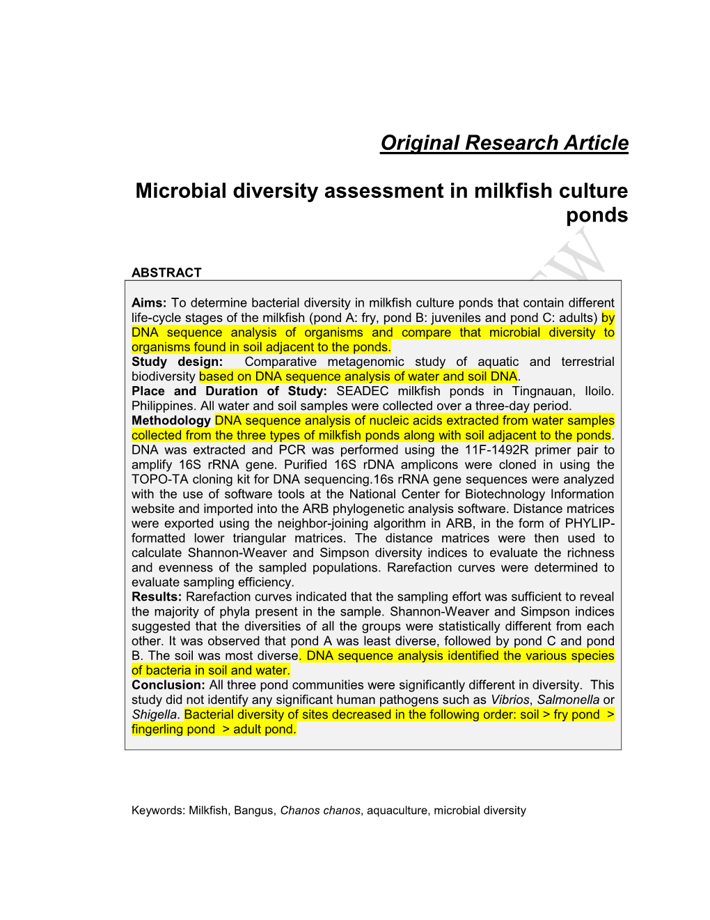 Original Research Article Microbial Diversity Assessment in Milkfish