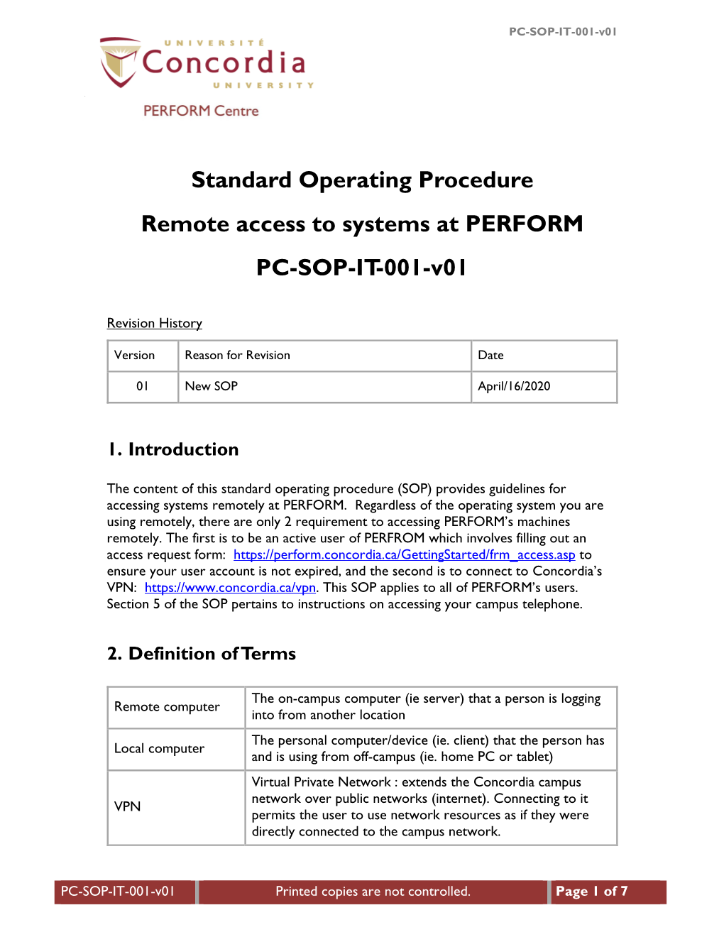 Standard Operating Procedure Remote Access to Systems At